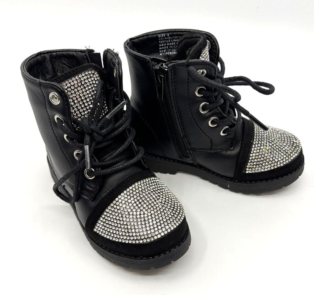 Kids 6 | CHATTIES Rhinestone Embellished Black Zip-up Faux Lace Up Combat Boot
